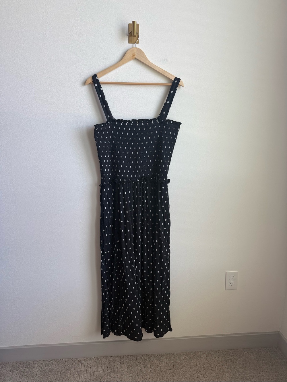 Aerie At the Barre Smocked Midi Dress Black White Polka Dot Pockets XL - Picture 5 of 15